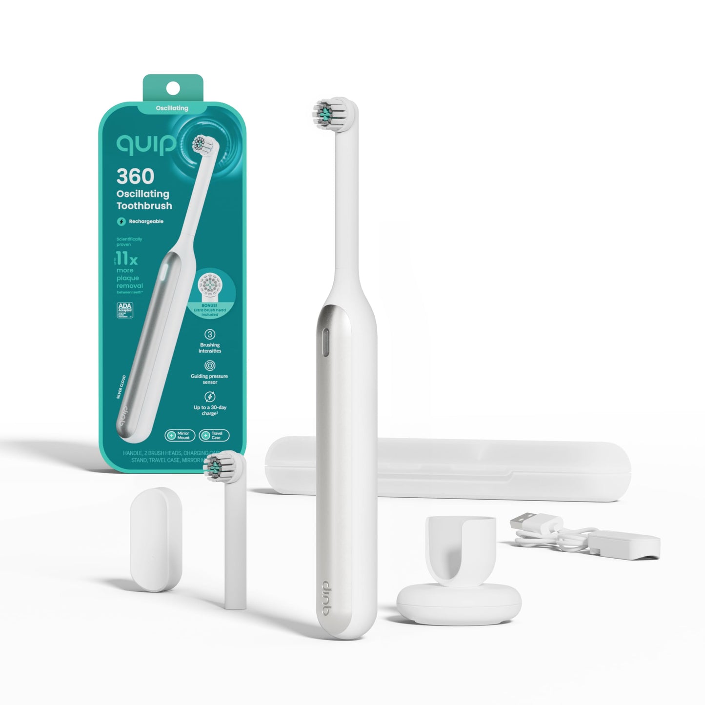 Quip 360 Oscillating Rechargeable Electric Toothbrush with Extra Brush Head - Soft Bristles, Pressure Sensor, 3 Intensities, 30-Day Battery Life, 2-Min Timer, Travel Case, Mirror Mount - Blue Stone