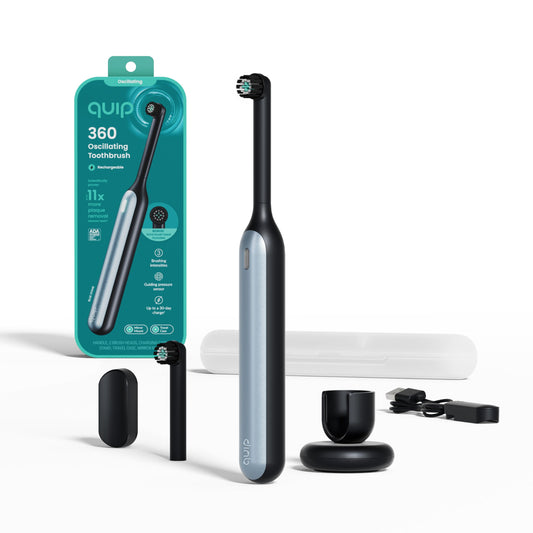 Quip 360 Oscillating Rechargeable Electric Toothbrush with Extra Brush Head - Soft Bristles, Pressure Sensor, 3 Intensities, 30-Day Battery Life, 2-Min Timer, Travel Case, Mirror Mount - Blue Stone