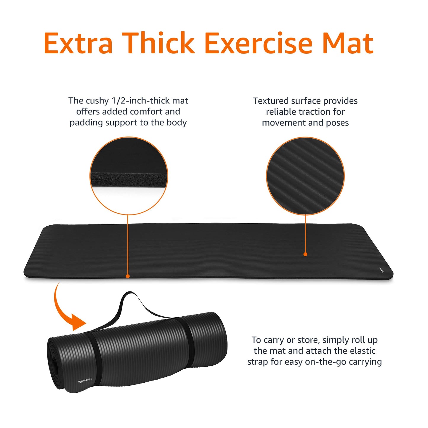 Amazon Basics 1/2 Inch Extra Thick Exercise Yoga Mat with Carrying Strap