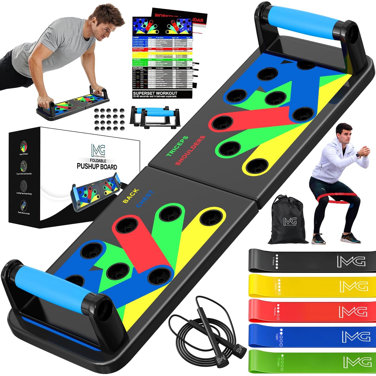 MG Push up Board with 5 Resistance Bands & Jump Rope – Portable Home Gym Equipment for Full Body Workout, Strength Training, Exercise and Fitness – with a Giftable Box & Workout Manual