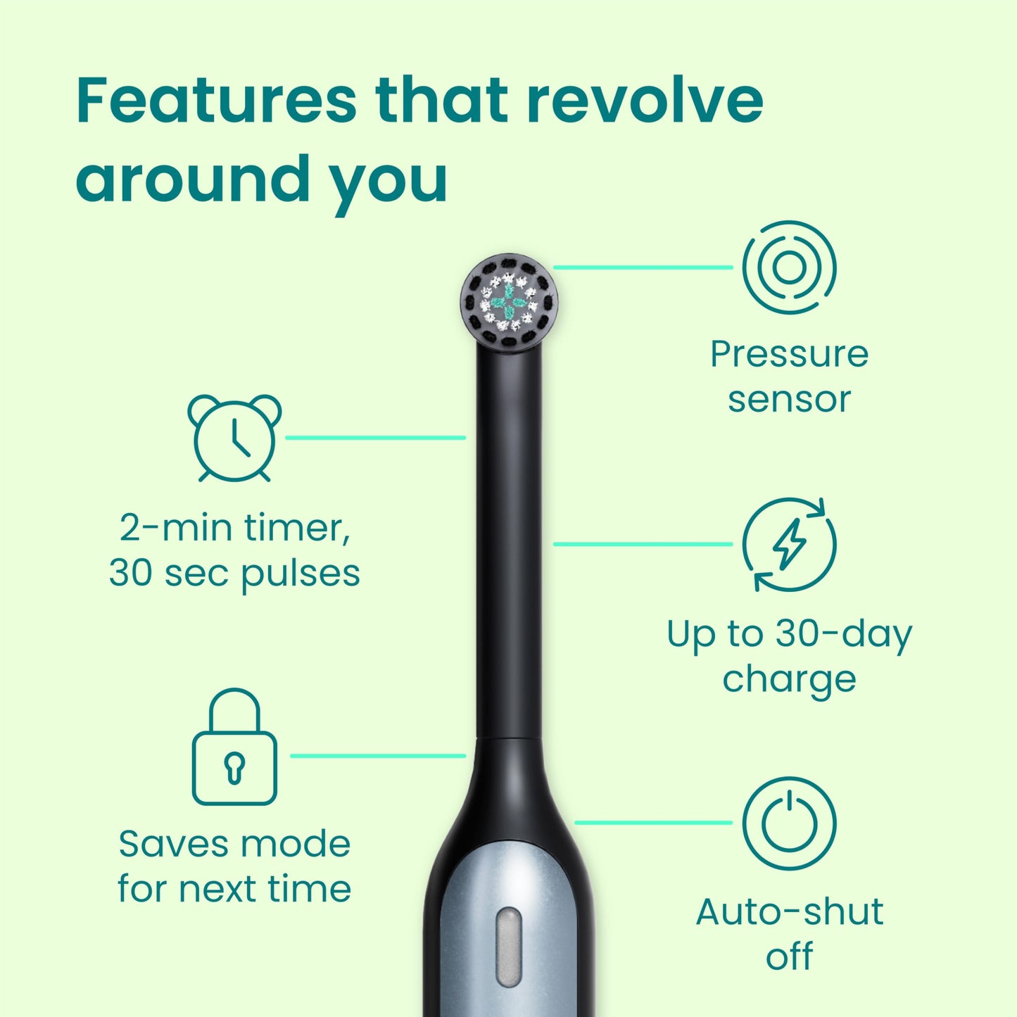 Quip 360 Oscillating Rechargeable Electric Toothbrush with Extra Brush Head - Soft Bristles, Pressure Sensor, 3 Intensities, 30-Day Battery Life, 2-Min Timer, Travel Case, Mirror Mount - Blue Stone